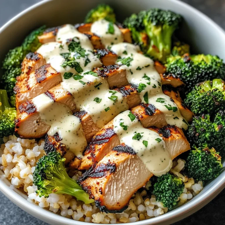 Grilled Chicken & Broccoli Bowls with Creamy Garlic Sauce