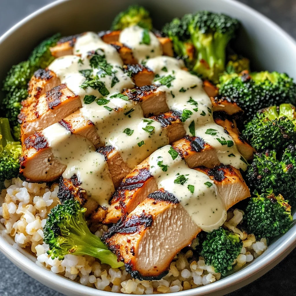 Grilled Chicken & Broccoli Bowls with Creamy Garlic Sauce