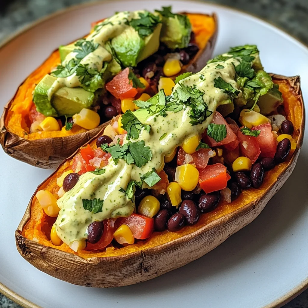 Stuffed Sweet Potato with Avocado, Black Beans & Cilantro Lime Crema