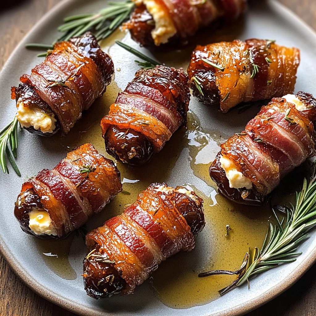 Goat Cheese Stuffed Bacon Wrapped Dates with Rosemary Honey